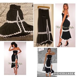 Black white scalloped strapless mermaid slit dress